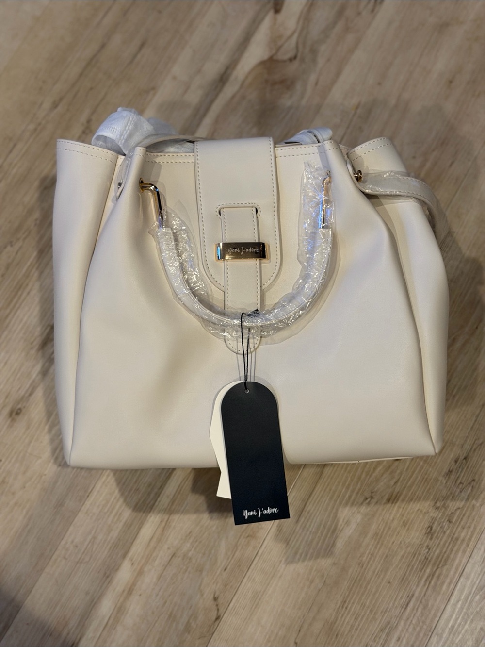 Cream Structured Shoulder Satchel with Gold Accent